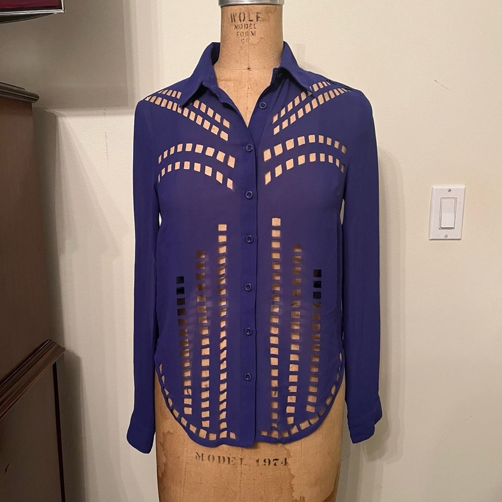 LF Kiwi Tucker Blue Western Laser Cutout Button Down Blouse